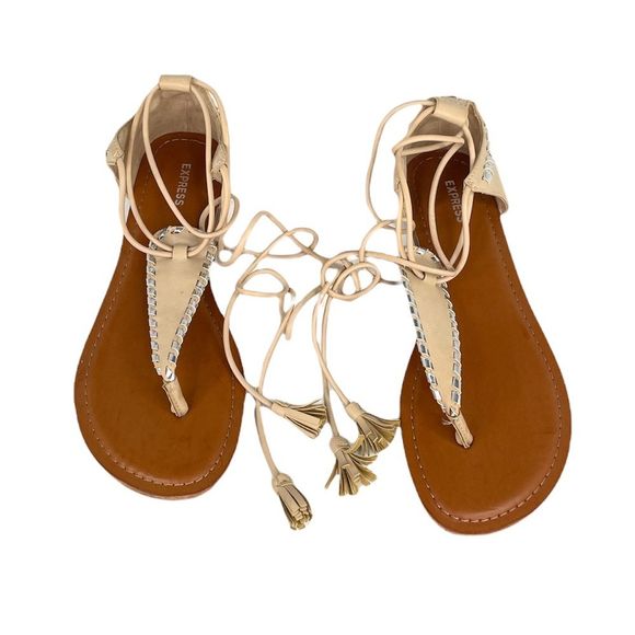 Express Faux Leather Gladiator Lace Up Sandals Tan Silver Size 8 - Picture 2 of 9
